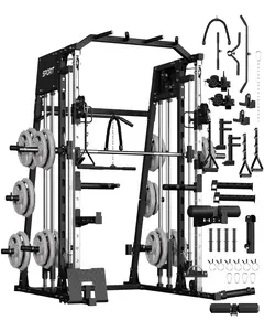 【GARVEE】Smith Machine, Power Cage Squat Rack with Cable Crossover, Dual Pulley System, Pull-Up Bar, Home Gym Workout Equipment with Attachments for Strength Training and Weightlifting