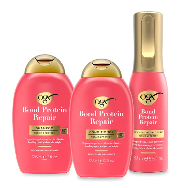 OGX Bond Repair Shampoo + Bond Repair Conditioner + Bond Protein Repair 450°F Heat Protect Spray