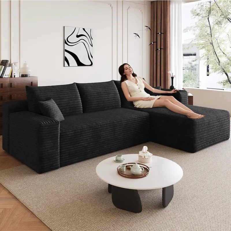 95" Modular Sectional Sofa, Modern Corduroy Cloud Couch with Side Pockets, Boneless Couch Upholstered 3-Seater L-Shaped Sofa for Living Room, No Assembly Required (Black,Right-Facing Chaise)