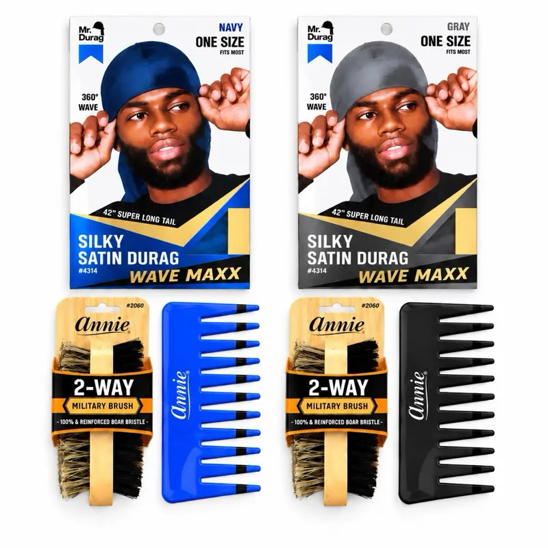 Mr. Durag 360 Wave Maxx Starter Kit Pack - Men's Grooming Set with 3-Piece Silky Satin Durags, 2-Way Military Brush, Comb Pick, DB-WAVE-NVY-3PC, Wave Control