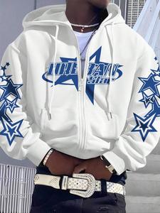 men's star print drop shoulder hoodie, fashion casual regular fit drawstring pocket hooded sweatshirt for daily holiday outdoor wear, men clothes for fall & winter, streetwear hoodie