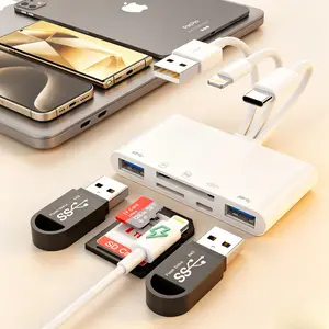 5-in-3 SD TF Card Reader with Charging | Lightning USB C USB A Adapter for iPhone iPad MacBook Camera Flash Drive
