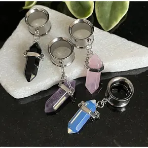 PAIR of Crystal Stone Dangle Steel Double Flare Tunnels Plugs!