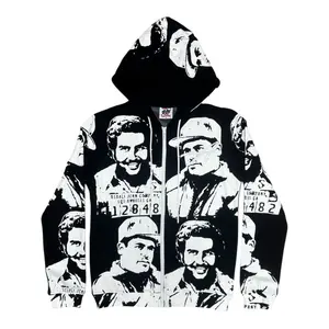 Asaalii Black White Graphic Portrait Zip Hoodie – Minimal Y2K Streetwear Oversized Full Zip Jacket