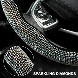 Women's Universal Fit Diamond Bling Steering Wheel Cover Kit - 3-Piece Genuine Nappa Leather, Non-Slip, Ultra-Thin, Breathable, All-Season, Pink+White, PU Microfiber Trim, Vehicle Compatible, Bedazzled Car Accessories, Enhances Driving Experience