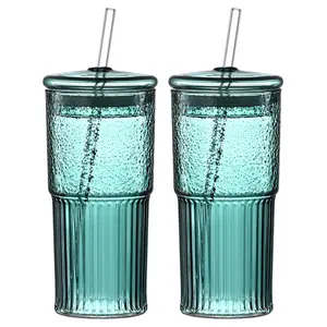 20 Oz 2-pack Green Glass Straw Cup With Vertical Pattern Cup And Lid, High Borosilicate Heat-resistant Glass Cup For Juice, Milk And Cold Drinks