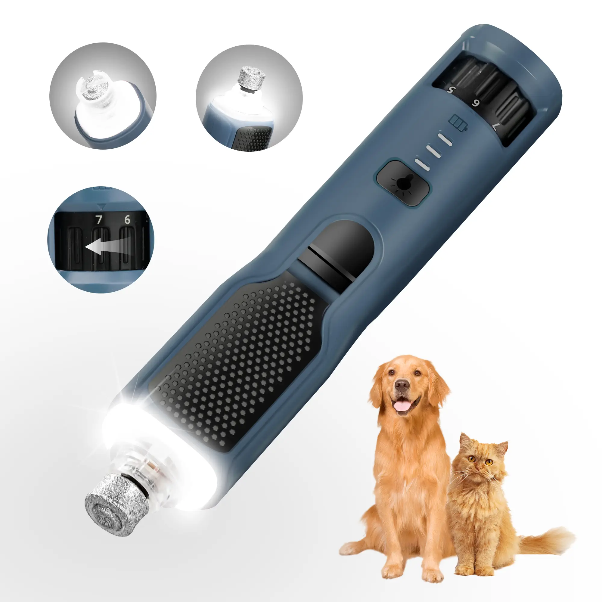 Pet Nail Grinder, 7-speed, with 360 ° LED light, C-type rechargeable ultra quiet low vibration electric, suitable for dog nail trimming machine for ca