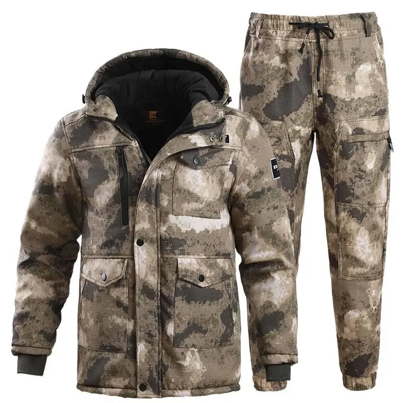 Men's 2-Piece Thermal Workwear Suit - Menswear Clothes, Rugged Camouflage Longsleeves Parka & Pants, Waterproof Fabric Shell, Fleece-Lined for Cold Storage, Zippers Pockets