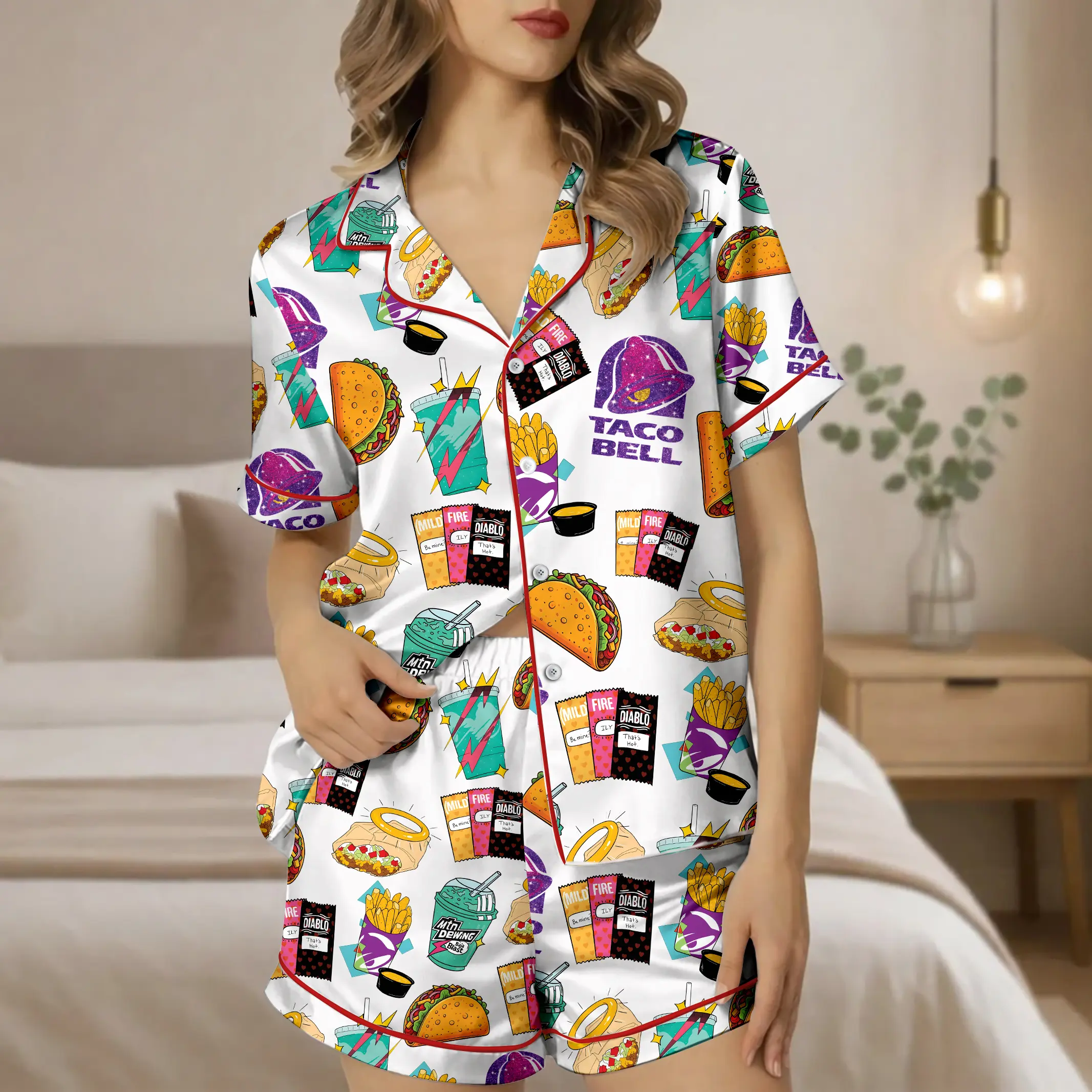 Pajamas Set TacoBell Sleep Wear, Satin Pajamas For Women