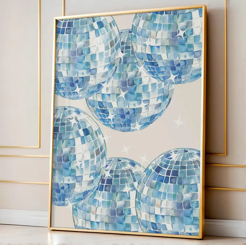Blue Disco Ball Print, Aesthetic 70s Disco Wall Art, Apartment Wall Art, Retro Blue Poster, Disco Ball Poster, Blue Trendy Wall Art