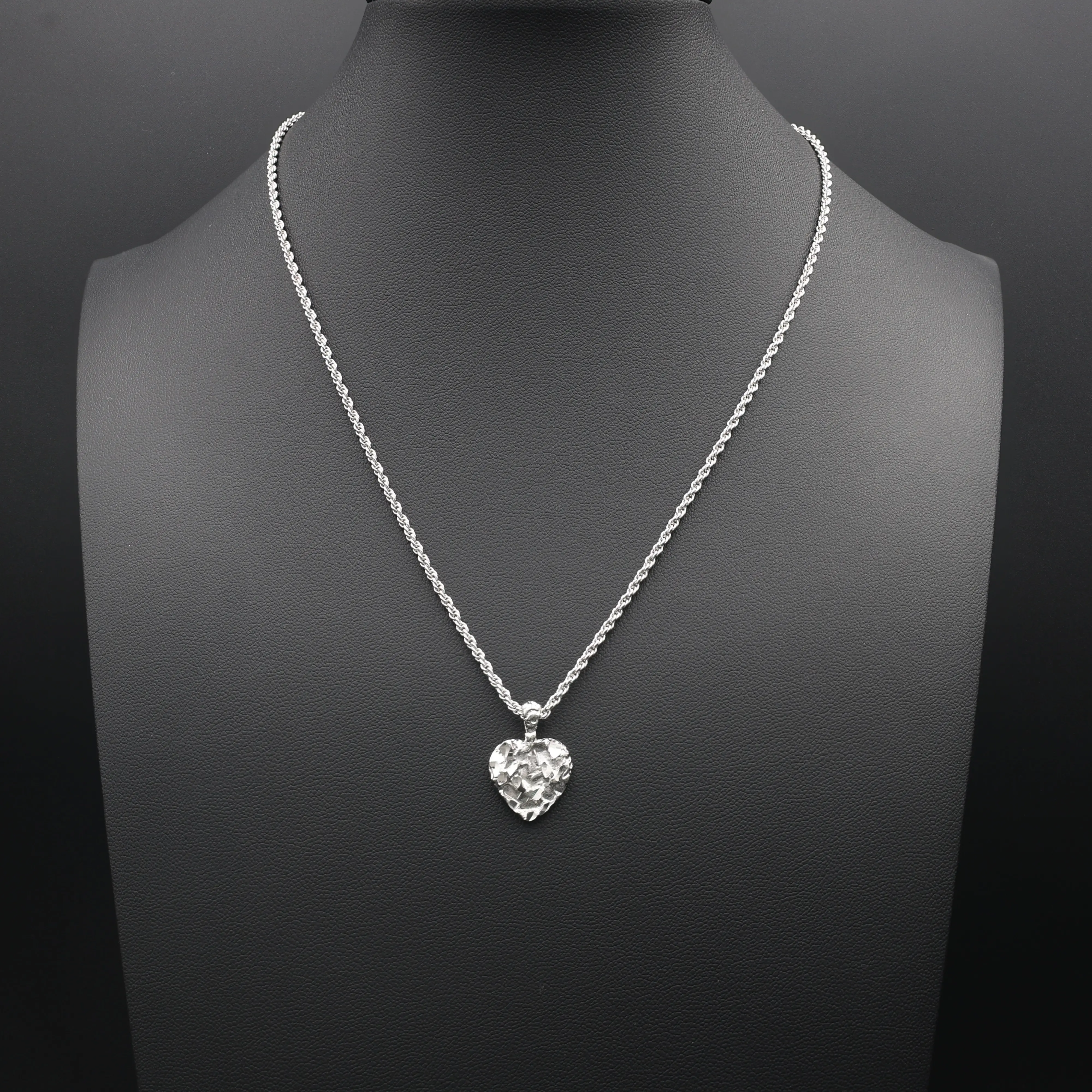 Silver Nugget Heart Necklace: 16mm Heart Pendant, 1mm Rope Chain, Lifetime Replacement Guarantee Rhodium Plated Womens Necklace