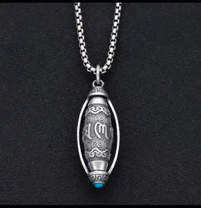 Titanium Steel Necklace with Antique-style Six-Syllable Mantra Prayer Wheel Pendant and Lucky Charm Bead, Trendy Pendant Accessory Minimalist Stainless Steel Adjustable Choker necklaces men lucky charm Infinity Style chic accessories opalite chain mom