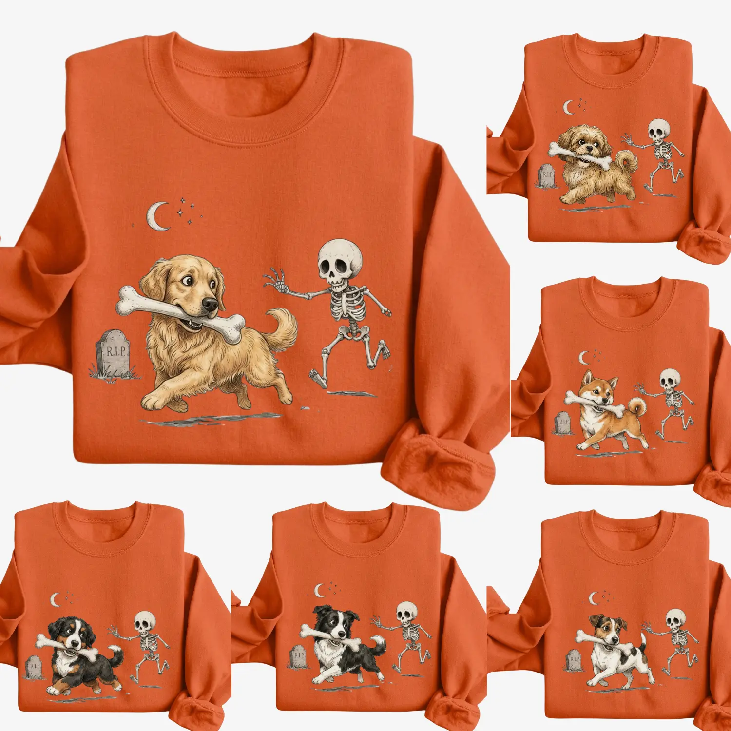 30+ Dog Breeds Spooky Halloween Dog Sweatshirt, Funny Skeleton Chase Graphic Pullover, Cute Fall Pet Lover Crewneck