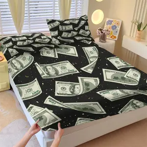 3-Piece Money Patterned Fitted Sheet Set,100 US dollars, Cash, USD Printed Bedding Set ,Suitable for Those Who Love Money for Bedroom Decoration. The Material Is Soft, Breathable, and Comfortable, Including 1 Fitted Sheet and 2 Pillowcases