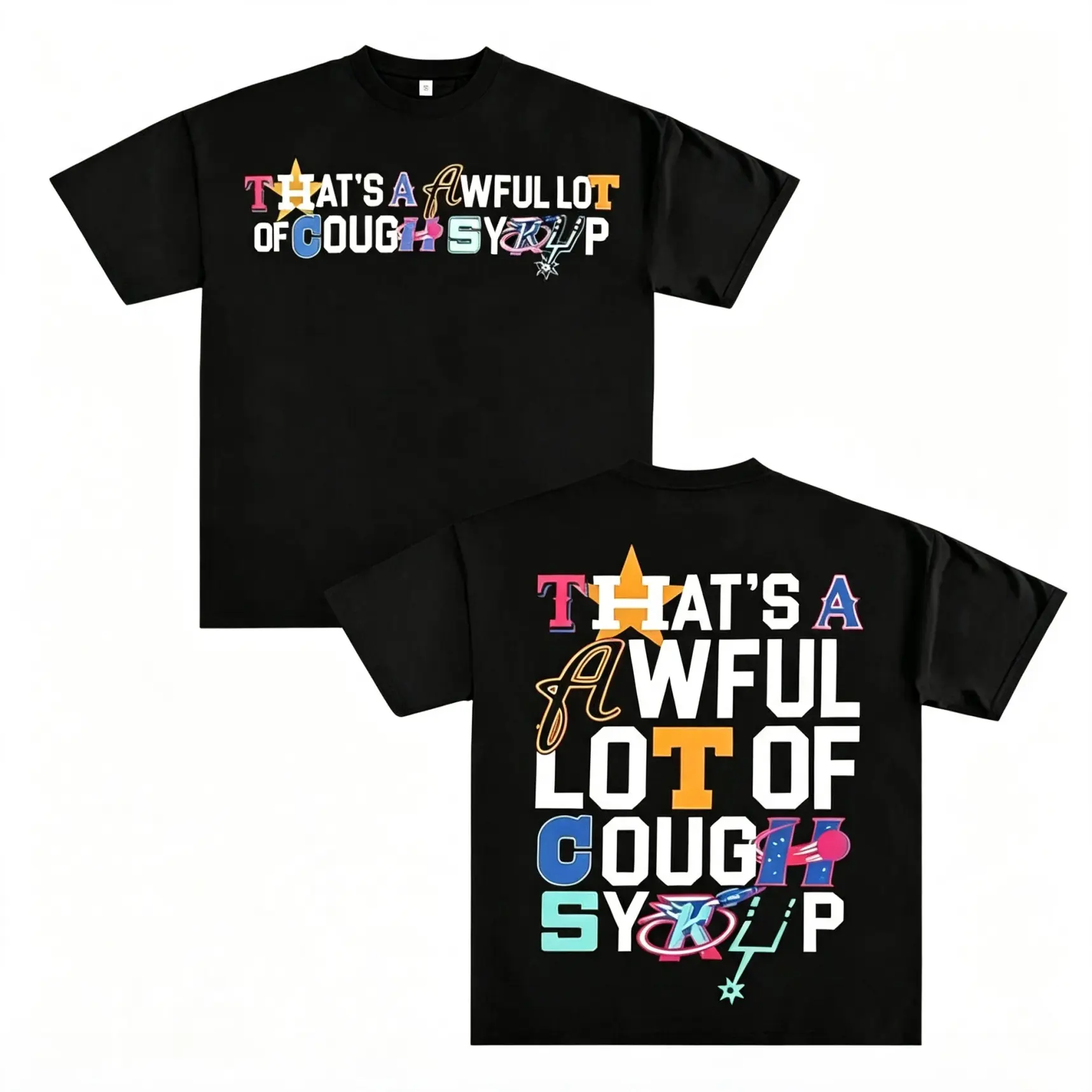 Men's Oversized Black Graphic T-Shirt - Bold Letter Mosaic, 'That’s an Awful Lot of Cough Syrup' Patchwork Typography, Playful Icon Motifs, Summer Crewneck Short-Sleeve Streetwear Top, Graphic T Shirts, Men's Clothing