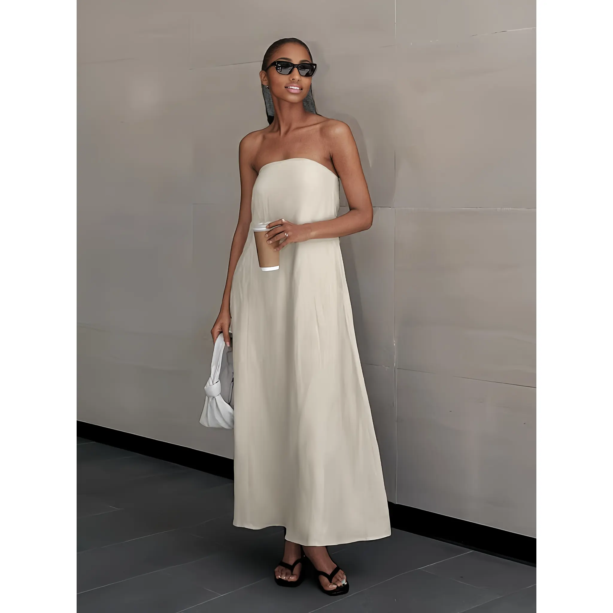2026 NEW SUMMER Linen Women's High-Waisted Strapless Backless Patchwork Pocket Dress Lightweight Casual Vacation Dress With Smooth Texture, Solid Color Long Dress For Summer