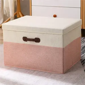 Oversized Pink & Beige Fabric Storage Bin with Leather Handle Stackable Organizer for Baby Keepsakes Toys Clothes & Household Items