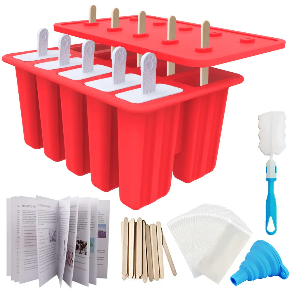 Non-BPA Reusable Silicone Popsicle Molds - 10-Cavity Kitchen Gadgets Ice Pop Maker with 50 Sticks, 50 Bags, Funnel, Brush, Recipe, Red Ergonomic Utensils for Smooth Frozen Juice Making Lolly & Ice Cream Moulds, Family Gatherings
