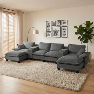 U-Shape Modular Cloud Couch, Sailboat Sofa with 2 Storage Consoles, Cup Holders & USB Port, 2 Movable Ottomans and 2 Throw Pillows, Chenille Upholstered Oversized Sectional for Living Room, Apartment, Deep Seat