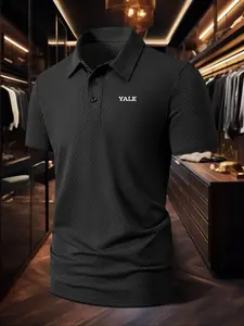 Men's Summer Large Size Polo Short Sleeve Ice Silk Shirt, Classic English Letter Print, Casual Business Leisure, Quick Dry Breathable, Menswear