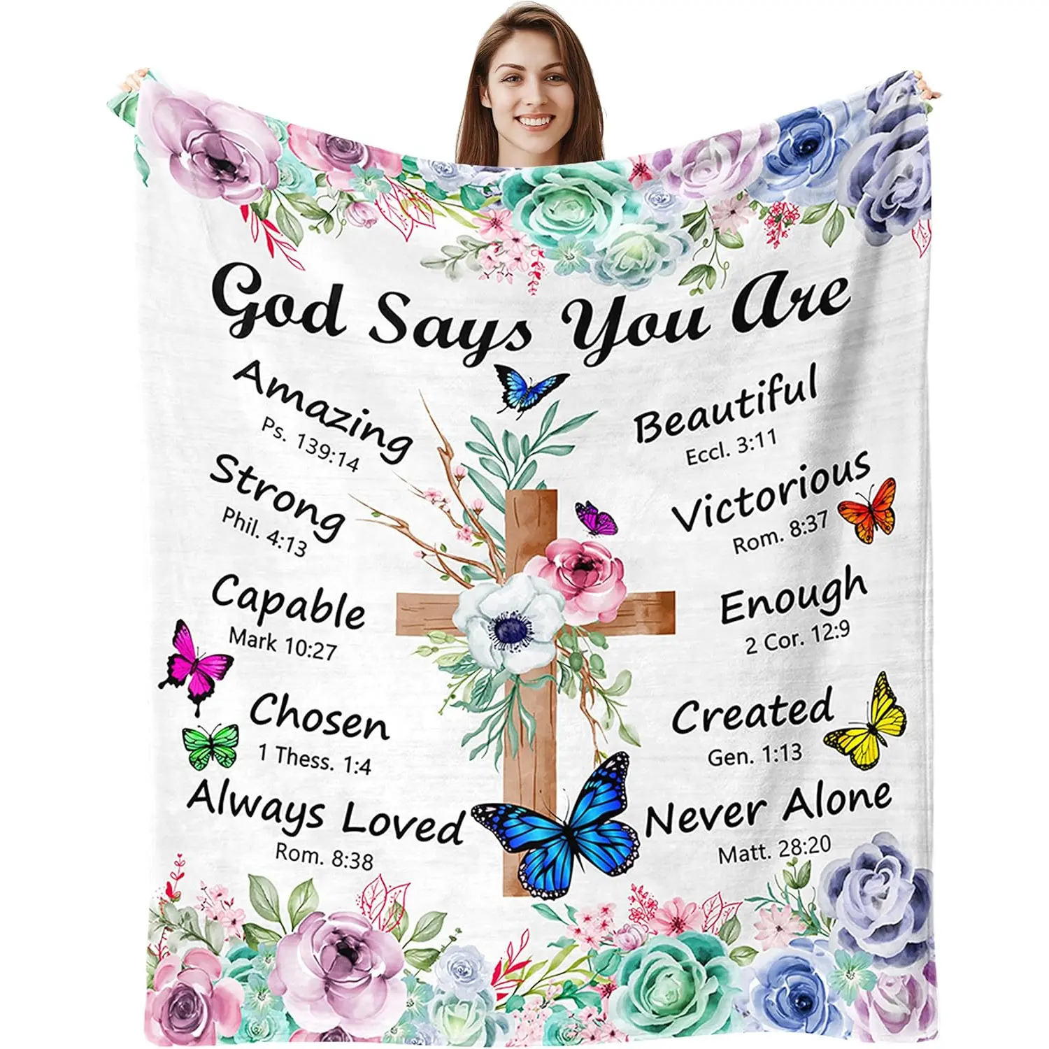 Tuniaops Women's Christian Gifts Anti-Pilling Soft Fleece Flannel Blanket - 60"x50" Soft Bedspread, Christian Cross Embroidered Inspirational Scripture Verse Lit Letters, Machine Washable Ultrasound-Patterned Multicolor Home Decor Tapestry