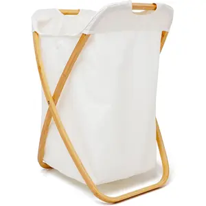 QUALIAZERO 72L Bamboo X-Frame Laundry Hamper – Foldable Single Section Clothes Basket with Removable Bag & Bottom Handle, Ideal for Bathroom, Bedroom, or Dorm (FEATHER CREAM, X-FRAME)