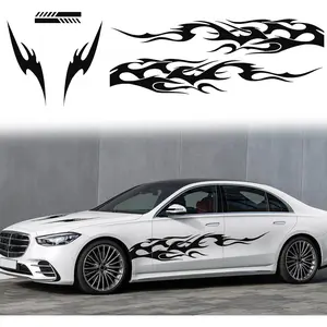RUIANTE 6pcs Flame Pattern Graphics Stickers Car Side Decal Cars Body Door Sides Auto Long Stripes Vinyl Decals Racing Accessories Hood & Rearview Decor Universal (Black 6pc)