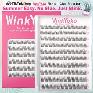 Fishtail Glue Free Lashes for Beginners, WinkYoko Self Adhesive Lash Clusters, No Glue, C Curl, Natural Mix 120Pcs, Easy 5 Second Apply for Busy Days, Wispy Reusable, Gentle Long-Lasting, Natural Look Everyday Wear, DIY Makeup at Home for Girl Gifts