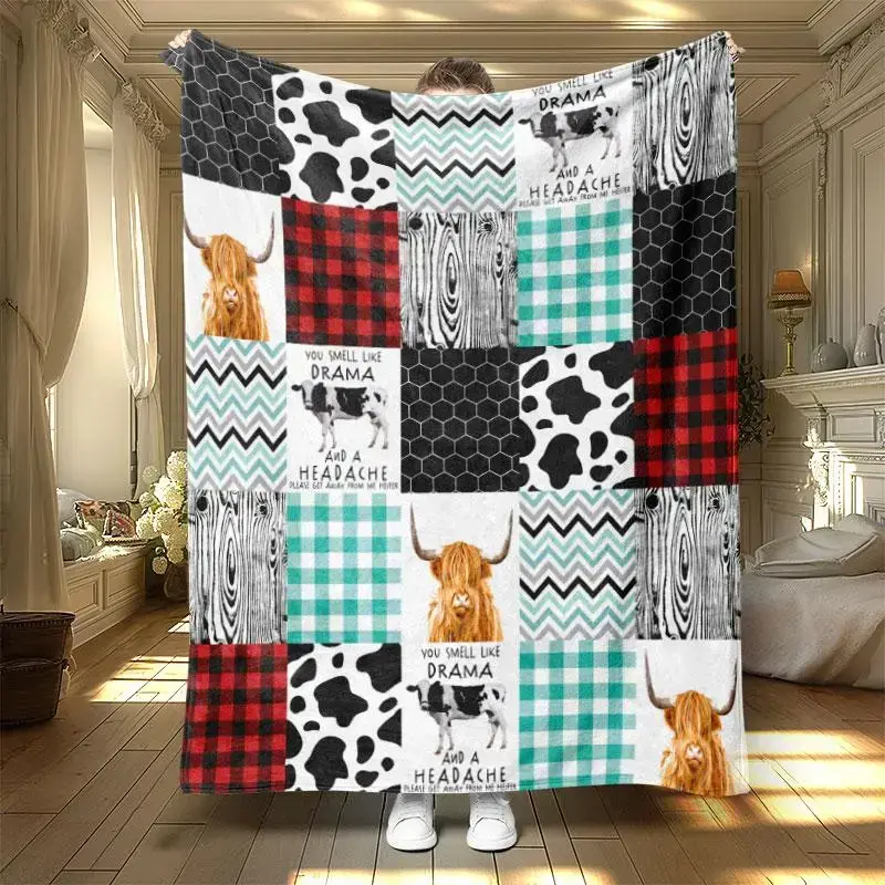 Rustic Western Cow Plaid Farm Animal Print Flannel Throw Blanket, Soft Warm All Season Bed Sofa Cover for Cabin Porch & Country Bedroom Decor, Cozy Lounge Nap Layer, Perfect Holiday Birthday Gift for Ranch Style Lovers Men Women