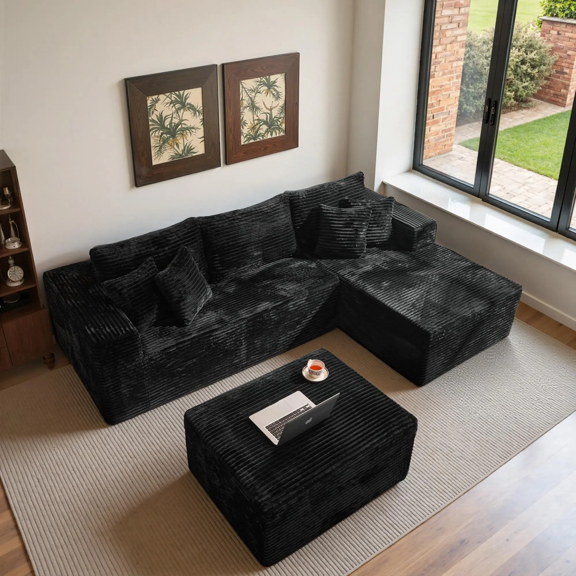 Black Corduroy Right Chaise With Ottoman