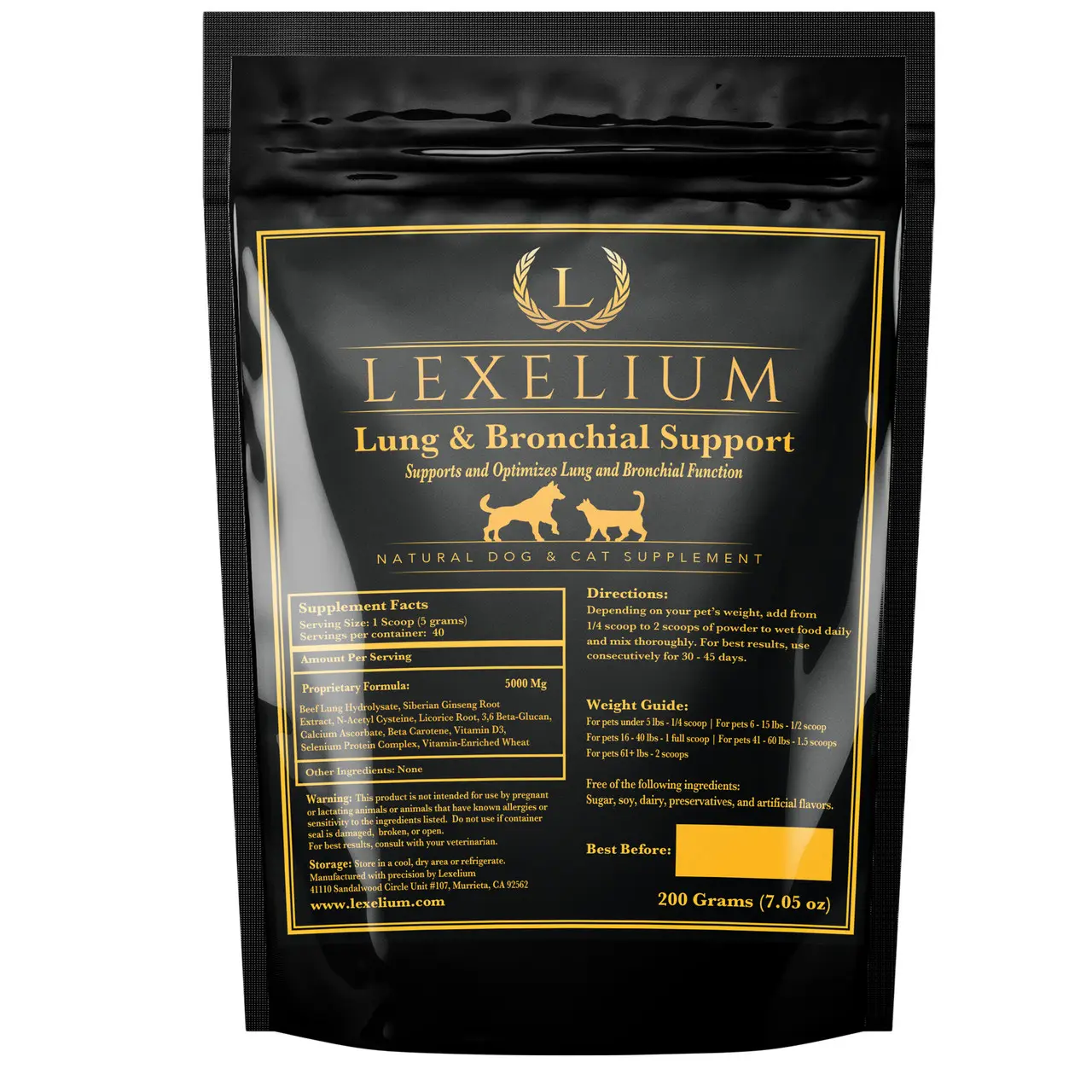 Lexelium Lung & Bronchial Support – Respiratory Health Supplement for Dogs & Cats with Beef Lung Hydrolysate, Echinacea, Licorice Root, Marshmallow Root, Mullein Leaf & Ginger – Supports Healthy Lungs, Bronchial Function & Immune Health