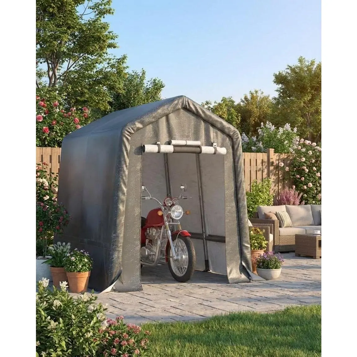 6x8x7Ft Motorcycle Carport ,Heavy Duty Motorcycle Shed with Roll-Up Door & Vent, Outdoor Portable Storage , Waterproof & UV-Resistant for Motorcycle, Firewood, Tools