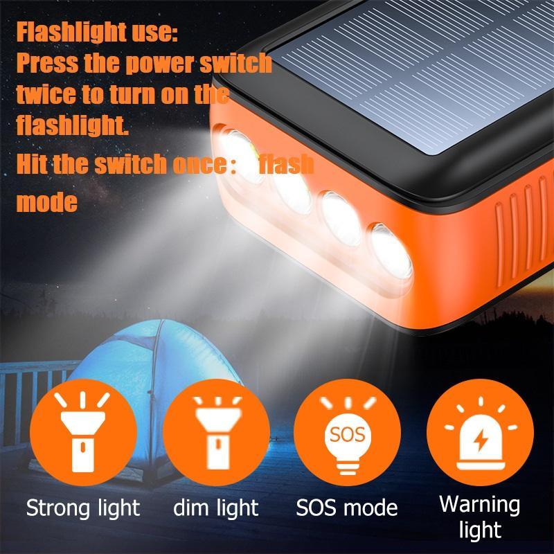 63200mAh Portable Solar Charger Power Bank Hand Crank Charge,Built in 3 Cables 4 Outputs 15W Fast charging Device,4 flashlights LED lighting /SOS/ flashing  for Spring Outdoor Camping,Mother's Day Gift Accessories Micro Smartphone Usb Chargeable