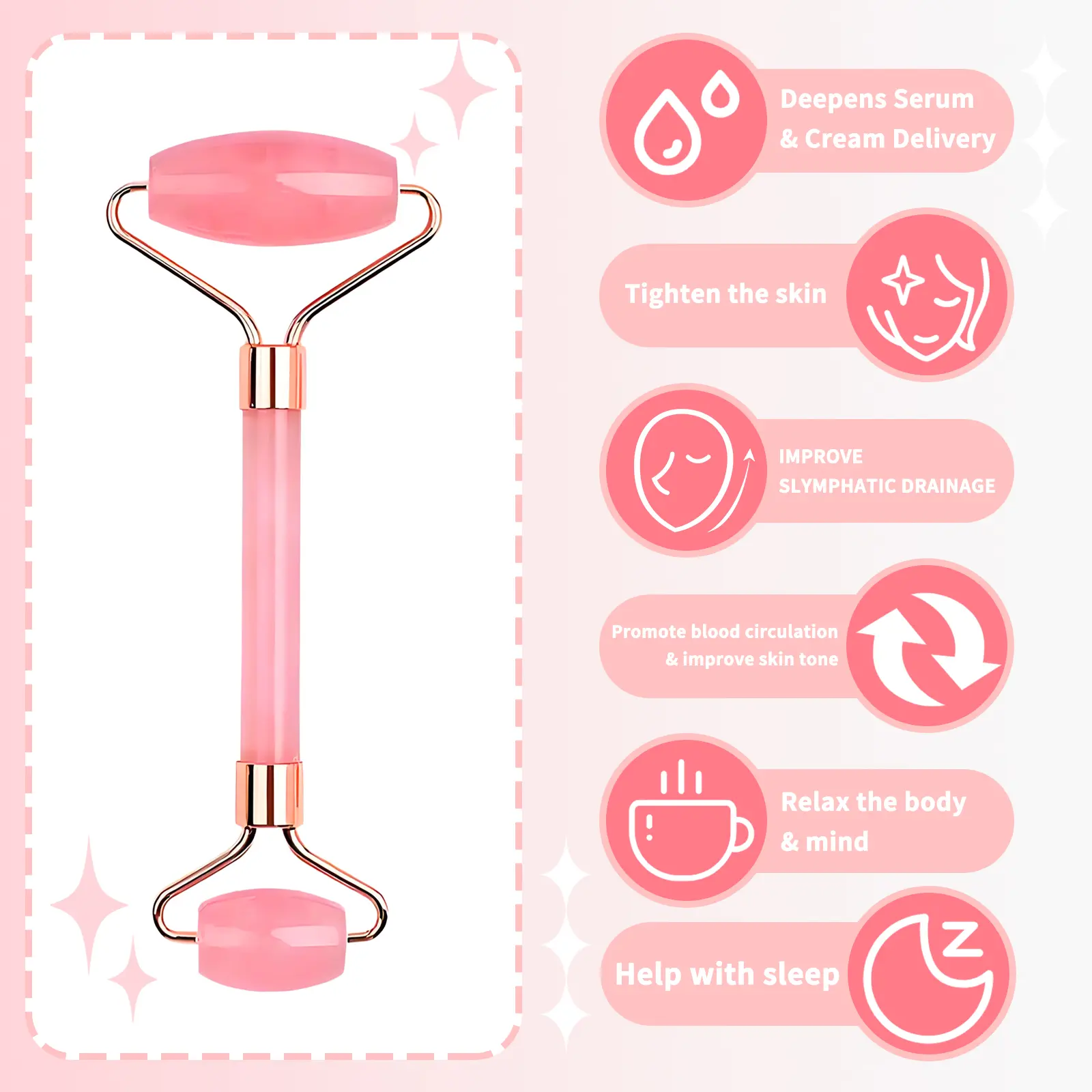 Jade Facial Massager Set - 2-Piece Pink Face Lifting Roller & Gua Sha for Soothing the Face/Neck, Cool Self-Care Tool for Puffy, Dry Skin, All Skins, Ergonomic Handles, Tighten, Smooth, Self Care Gifts, Natural Stone Material, Firming/Lifting