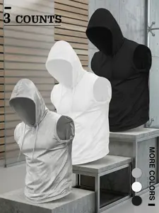 Men's 3-Pack Sleeveless Hoodies - Premium Performance Fabric, Drawstring Hood, Kangaroo Pocket, Available in Grey/White/Black, Perfect for Gym Training, Streetwear, Casual Layering & Essential Wardrobe Staples, Multipack Athletic Hoodies