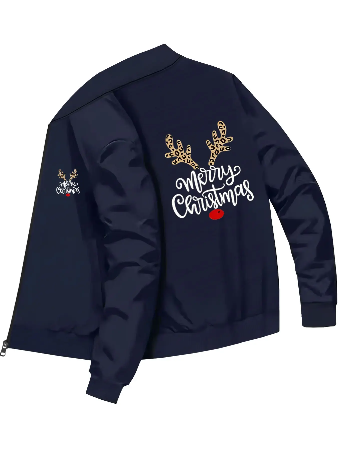 Festive Casual Unisex Christmas Reindeer Antlers Printed Bomber Jacket for Holiday Celebrations and Daily Wear