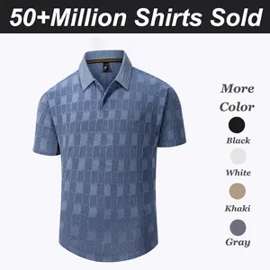 Men's Classic Stretch Grid Fabric Polo Shirt - Menswear, Soft, Breathable, Sweat-Wicking, Long-Sleeve Plaid-Sleeve, Button-Down, Versatile Office & Summer Casual Workwear Printed Top