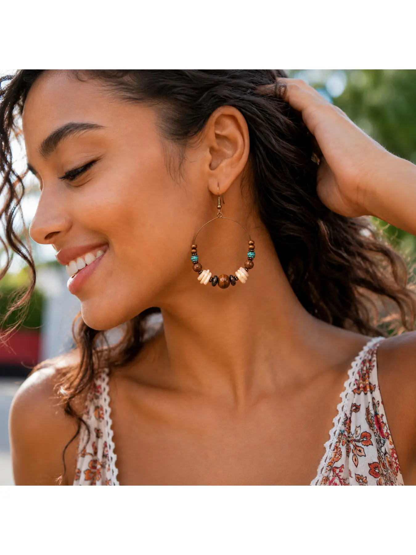 Boho Vintage Wooden Bead Earrings for Women Handmade Ethnic Hoop Shell Earrings Retro Tribal Dangle Jewelry Beach Vacation Accessories Birthday Gift for Mom Wife Girlfriend Christmas Halloween Party Fashion Statement Jewelry Bestseller Inspired Style
