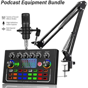 F009 External Sound Card Set, BM-800 Set with 16 DSP DJ Effect and Speech Converter Podcast Audio Interface, Portable USB Sound Card for PS4, PS5 Karaoke, TikTok, YouTube Live Game Recording on PC/Smartphone