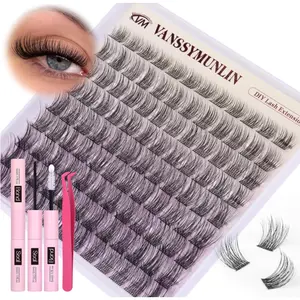 Lash Clusters Kit Natural Lash Extension Kit D Curl Wispy Eyelash Extension Kit 10-16MM Eyelash Clusters with Waterproof Lash Bond and Seal and Lash Tweezers for Lash Extension