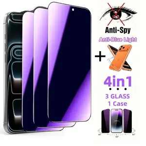 4-in-1[3pcs Anti-Blue Light Privacy Screen Protector+1pcs TPU Case] For iPhone 17 Air/17/17 Pro/17 Pro Max/16/15/14/13/12/11/X/XS/XR, Smartphone Accessories,Anti-Spy,Scratch-Resistant,Eye Protection,Upgraded Edge Protection,Anti-Drop