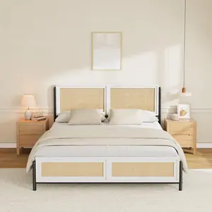 Rattan Queen Size Bed Frame, Boho Wooden Queen Platform Bed with Natural Rattan Headboard & Footboard, No Box Spring Needed, Noise-Free, Easy to Assemble, White