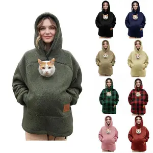 Unisex outdoor pet carrier hoodie with zipper pouch; fuzzy hooded sweatshirt for pet care; cat pouch hoodie; cat carrying hoodie