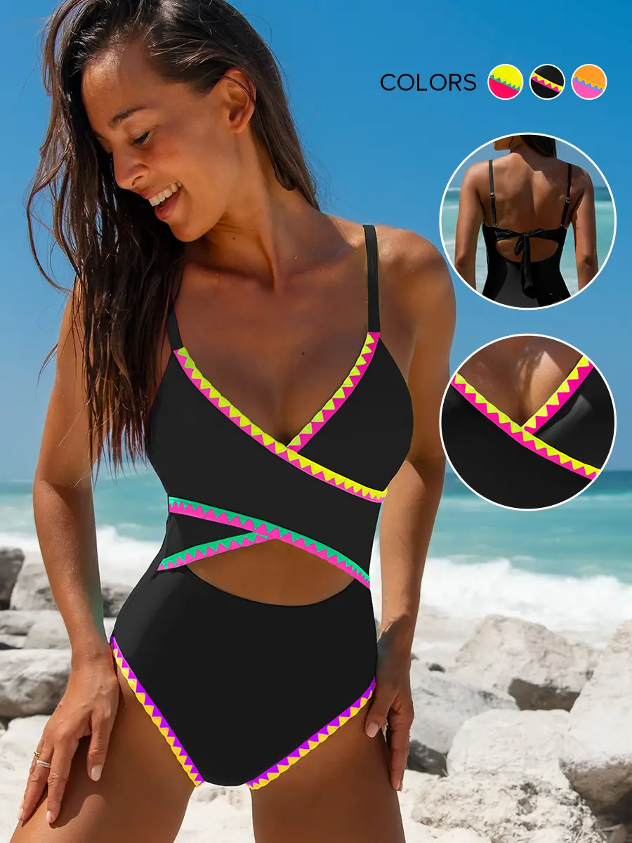 【swimsuits clearance】Popvil Tummy Control Cutout One Piece Swimsuits for Vacation, Full Coverage, Shell Trim Wrap Around, Back Strap Design, High Wais