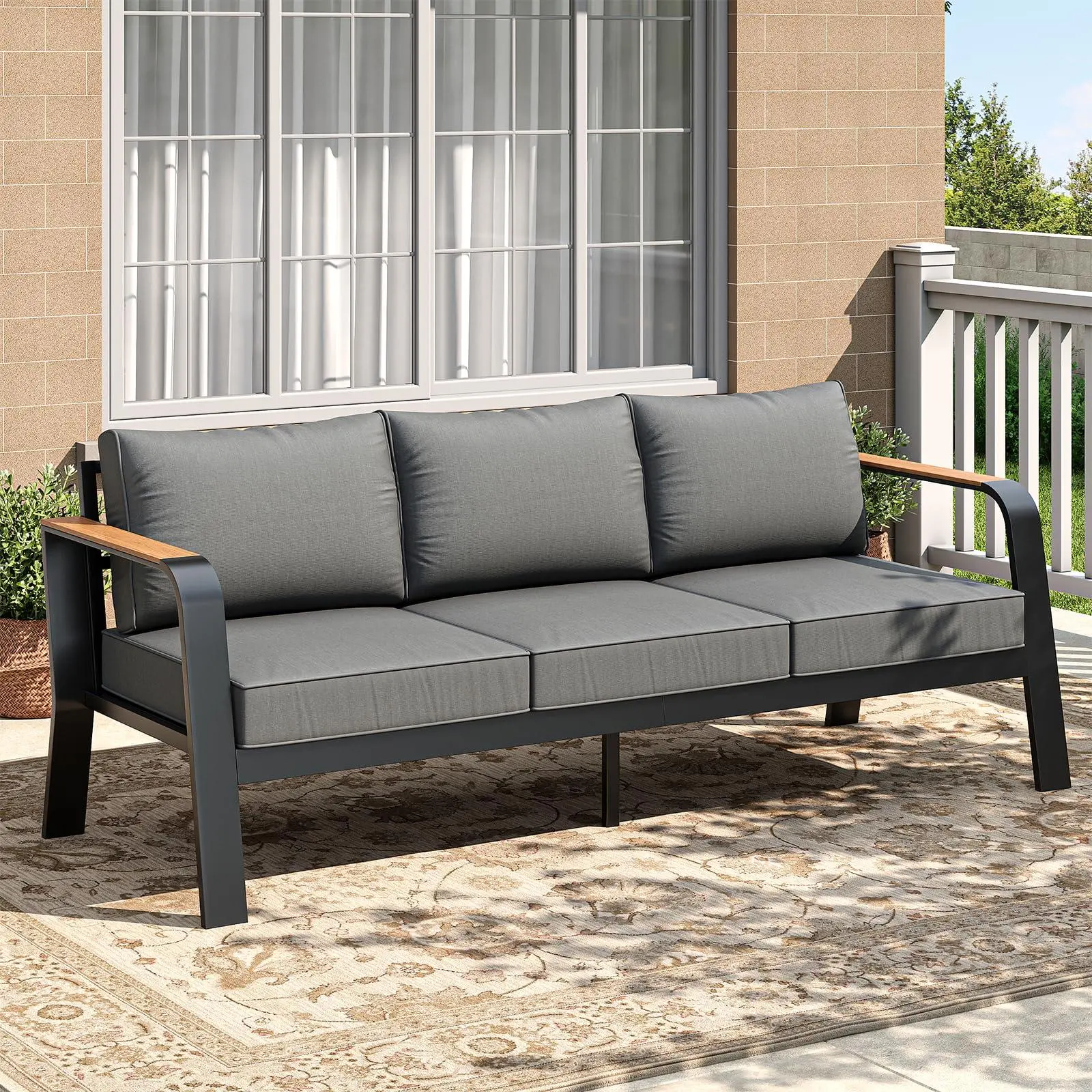 GARVEE Outdoor Aluminum Patio Furniture 1 Pcs 3-Seat Outdoor Furniture | All-Weather Metal Modern Outside Sofa with Washable Thick Cushion for Garden, Balcony, Deck, Backyard, Dark Grey