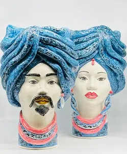 Zeus Moor's Heads Ceramic Caltagirone cm H.45 L.28 Handcrafted Lilac Blue