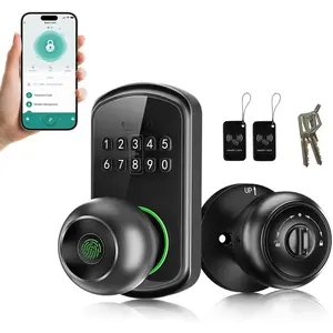 Door Knob Lock with Keypad,Keypad Door Knob with Handle for Bedroom,Fingerprint Door Locks with Code/App/Keycard/NO Drill/Digital Finger Print Lock for Indoor& Front Doors