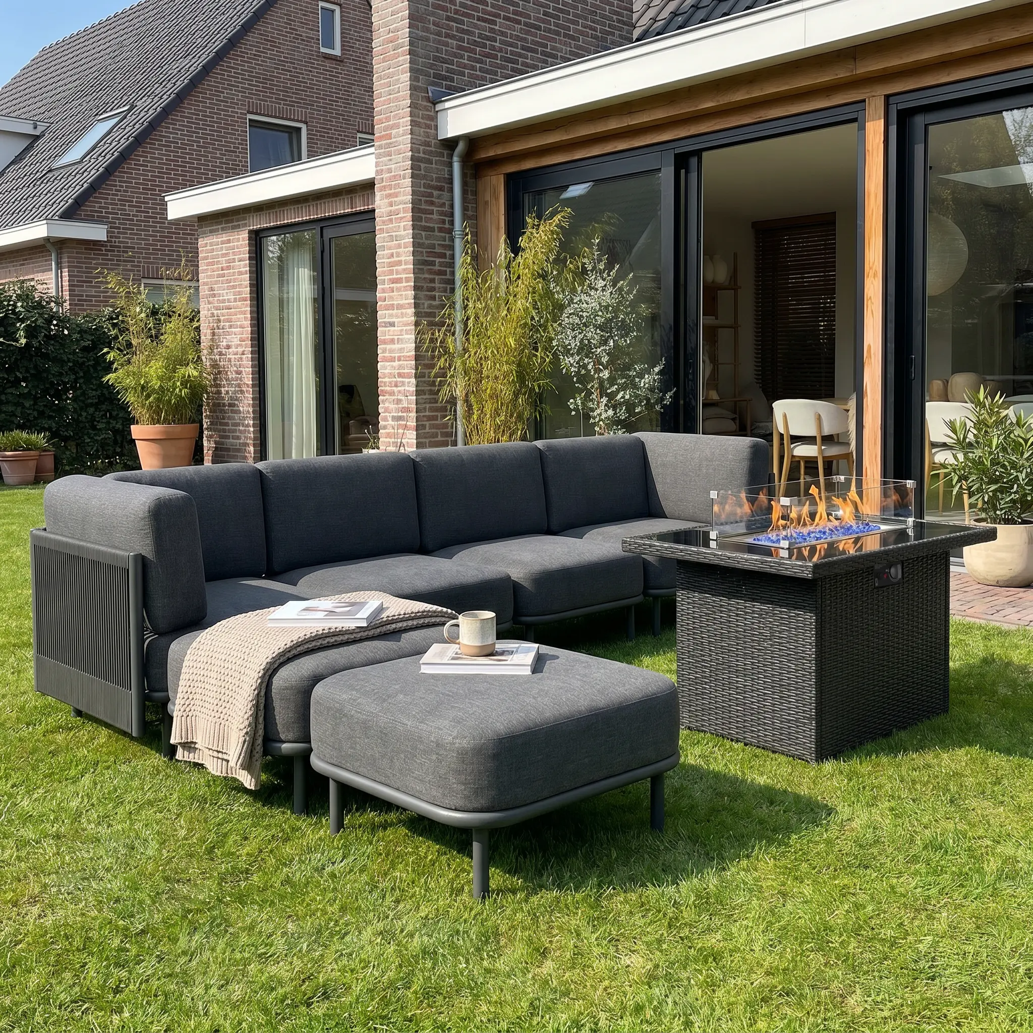 7 Pieces Patio Furniture Set with Fire Pit Table, Modern Outdoor Modular Sectional Conversation Set L-Shaped Sofa with 7-inch Cushion for Garden Backyard Deck