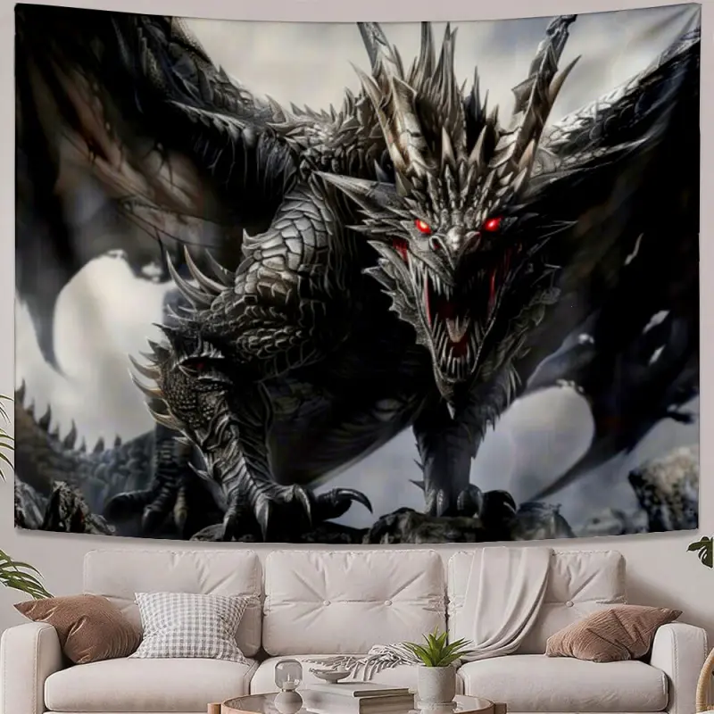 Indoor Dragon Print Tapestry - Fierce Dark Design, Decor, Room Decor, Classic, Cartoon Anime Evangelion Themed, Removable, Personalized, Hippie American Mexican Style, Hand Wash Suitable for Open Spaces, Polyester