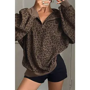 Brown Leopard Print Quarter Zip Corduroy Sweatshirt